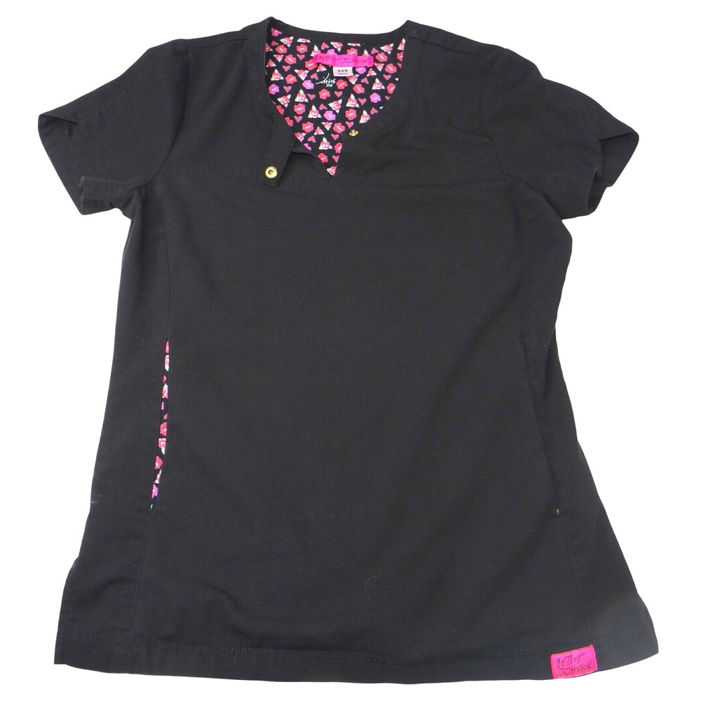 Betsey Johnson Black V Neck Scrub Top Short Sleeve Lips Roses Print‎ XXS
